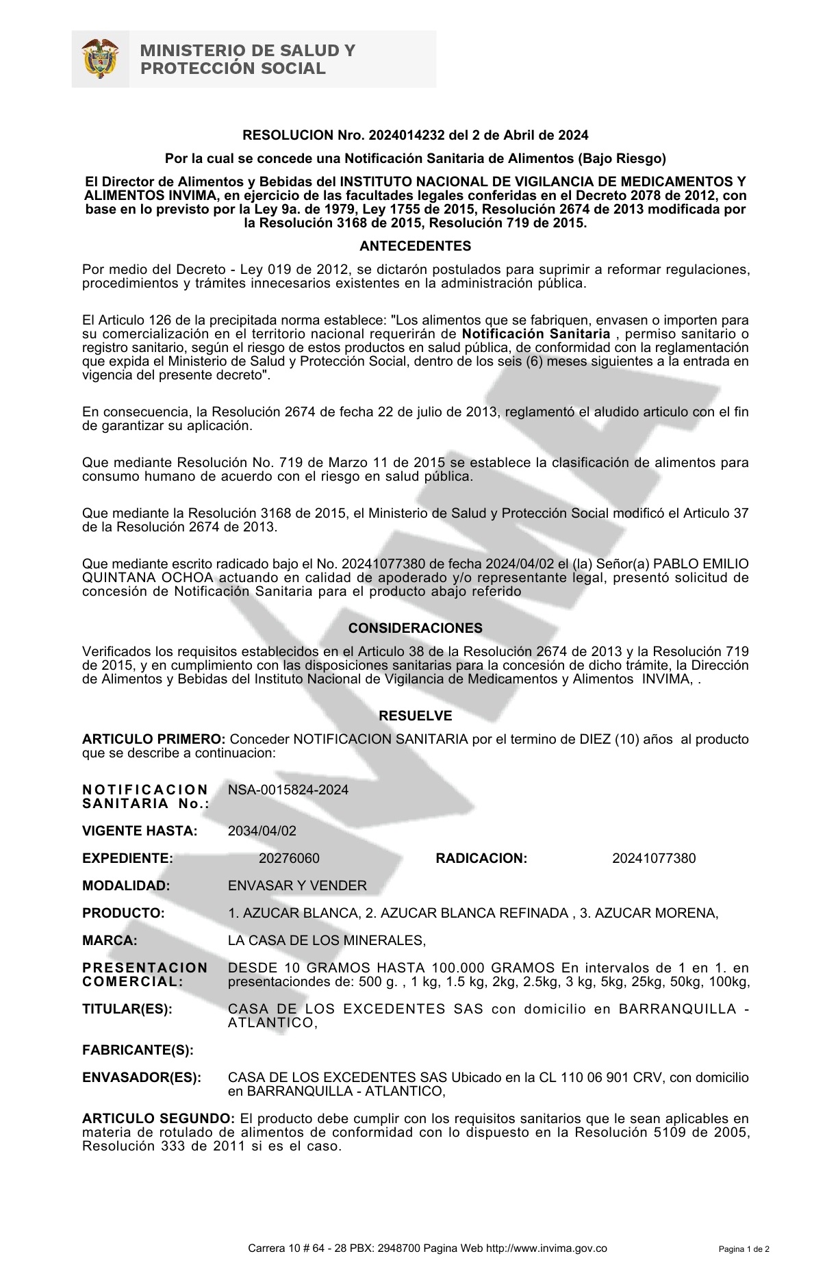 Certificado del Instituto Nacional de Vigilancia de Medicamentos y Alimentos (INVIMA) para productos alimenticios.