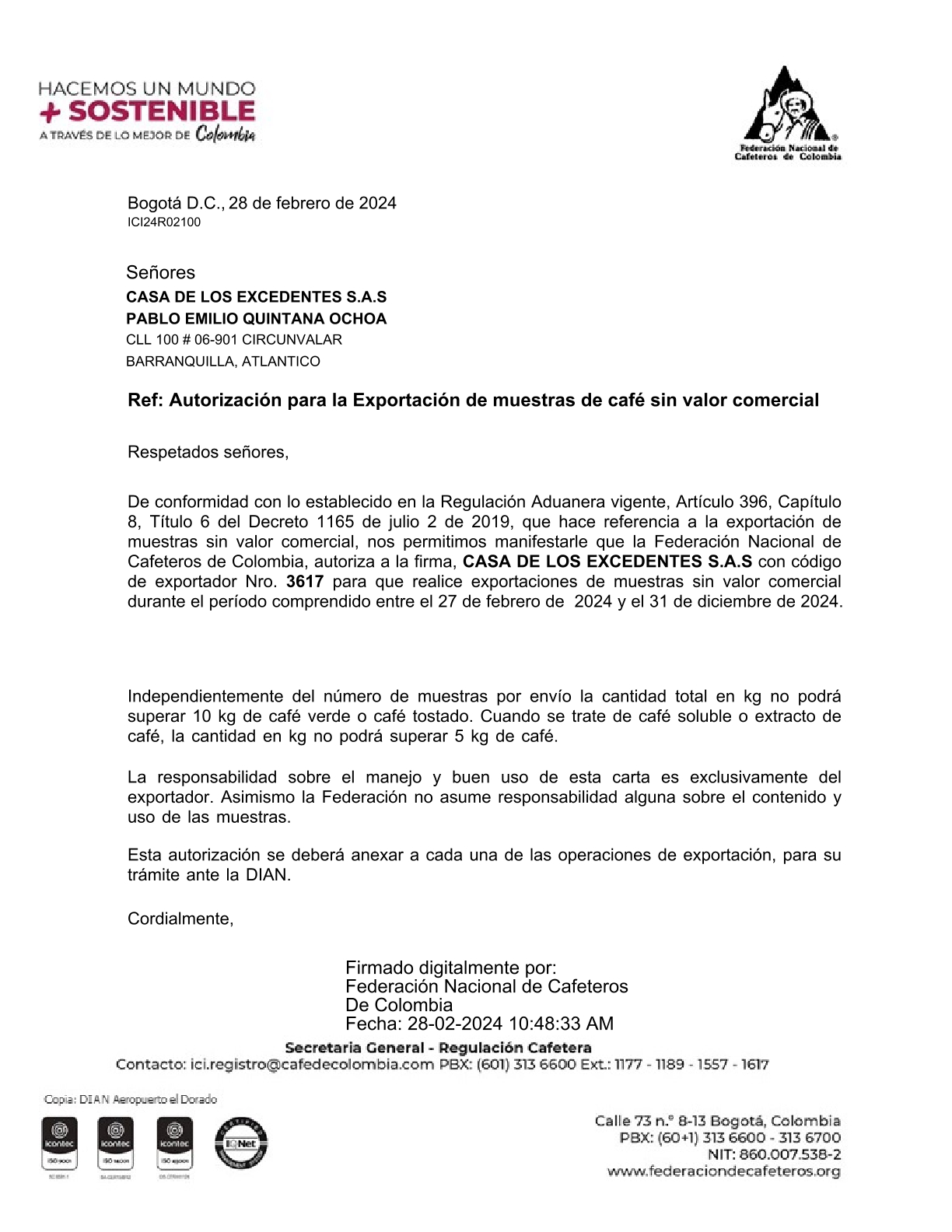 Certificado de la Federación Colombiana de Cafeteros para exportación de café.