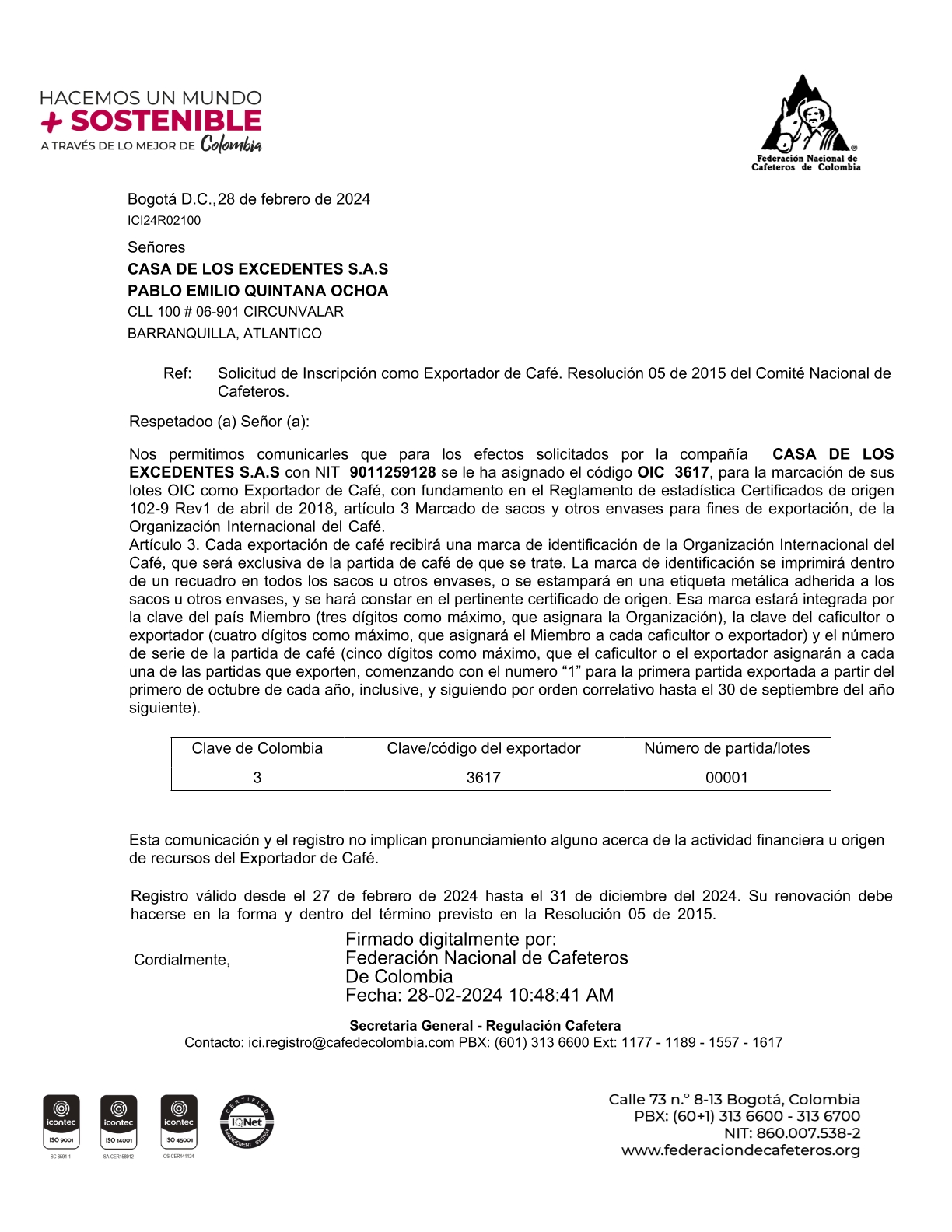 Autorización de la Federación Colombiana de Cafeteros para comercialización de café.